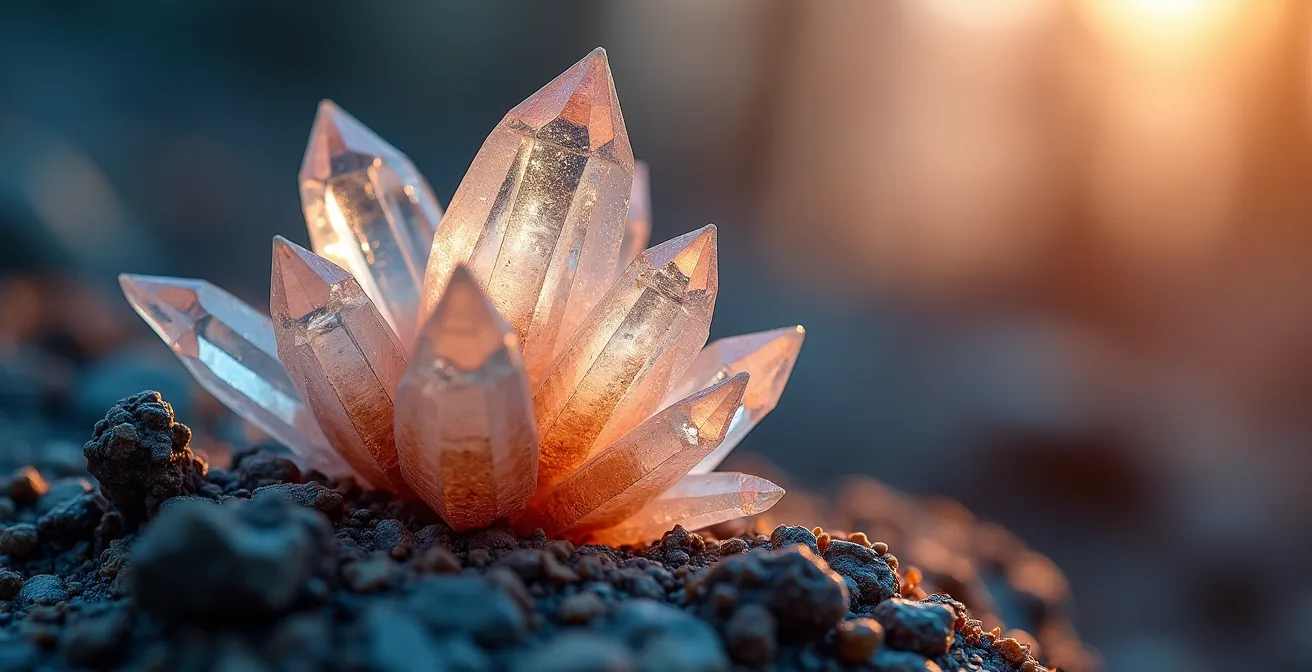 Macro shot of crystalline structures showing natural separation patterns with light refracting through gaps