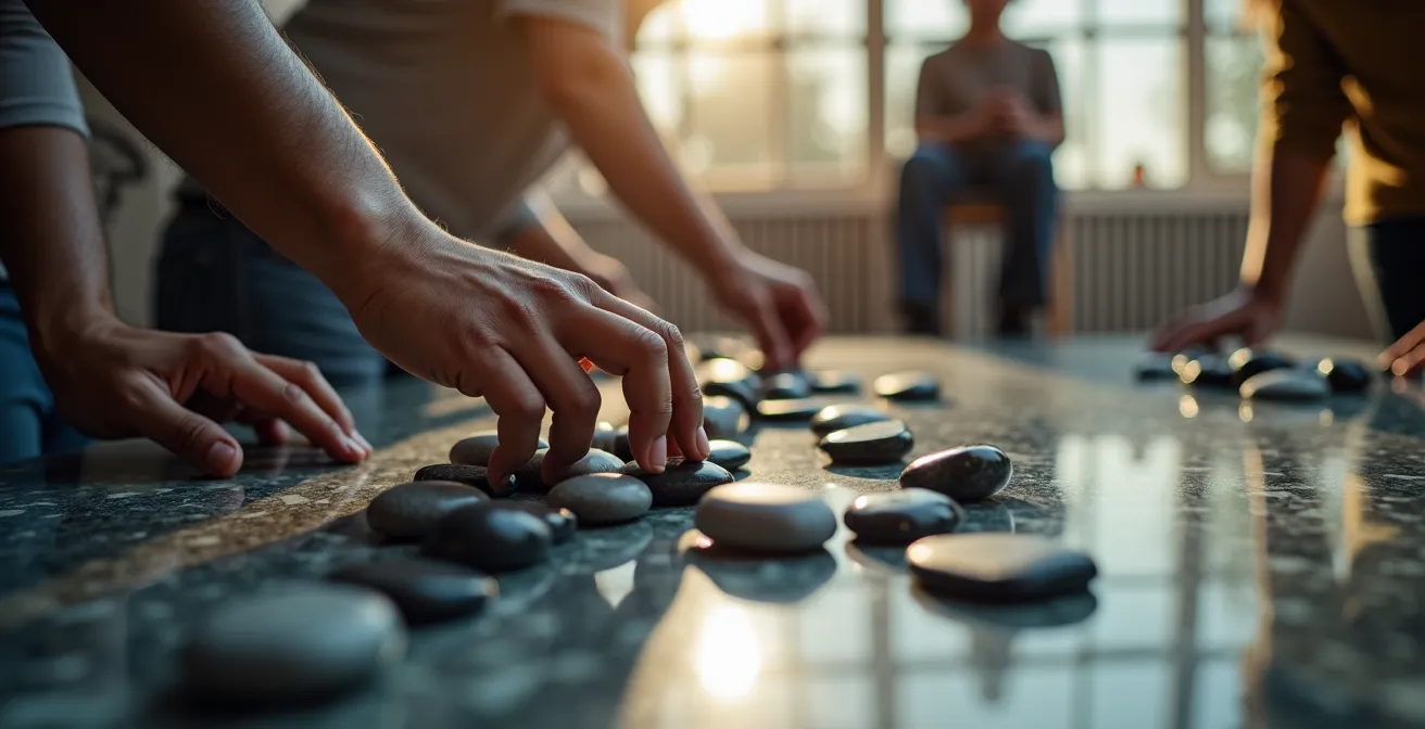 Close-up of hands arranging geometric pieces on a reflective surface, suggesting strategic decision-making