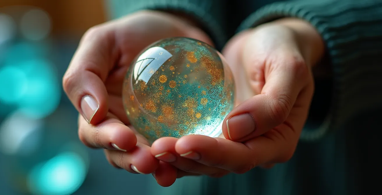 Macro shot of hands interacting with holographic data patterns