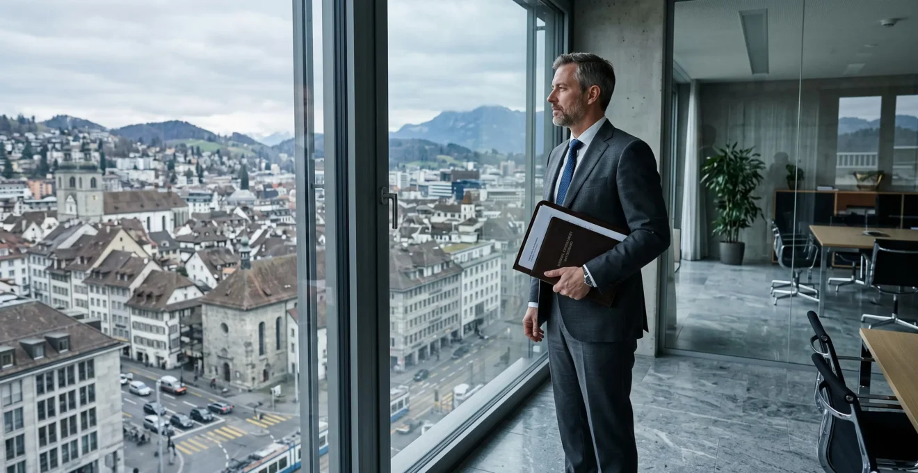 A consultant looks out over a Swiss town from an office window.