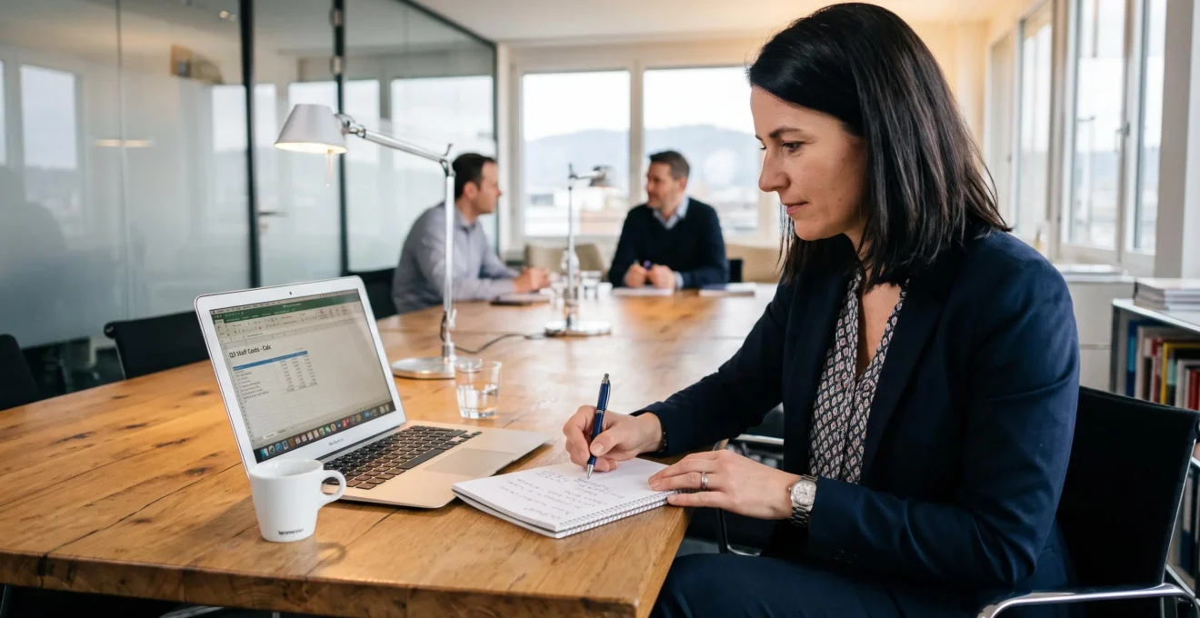 An HR manager notes calculation steps in a notebook beside a laptop.