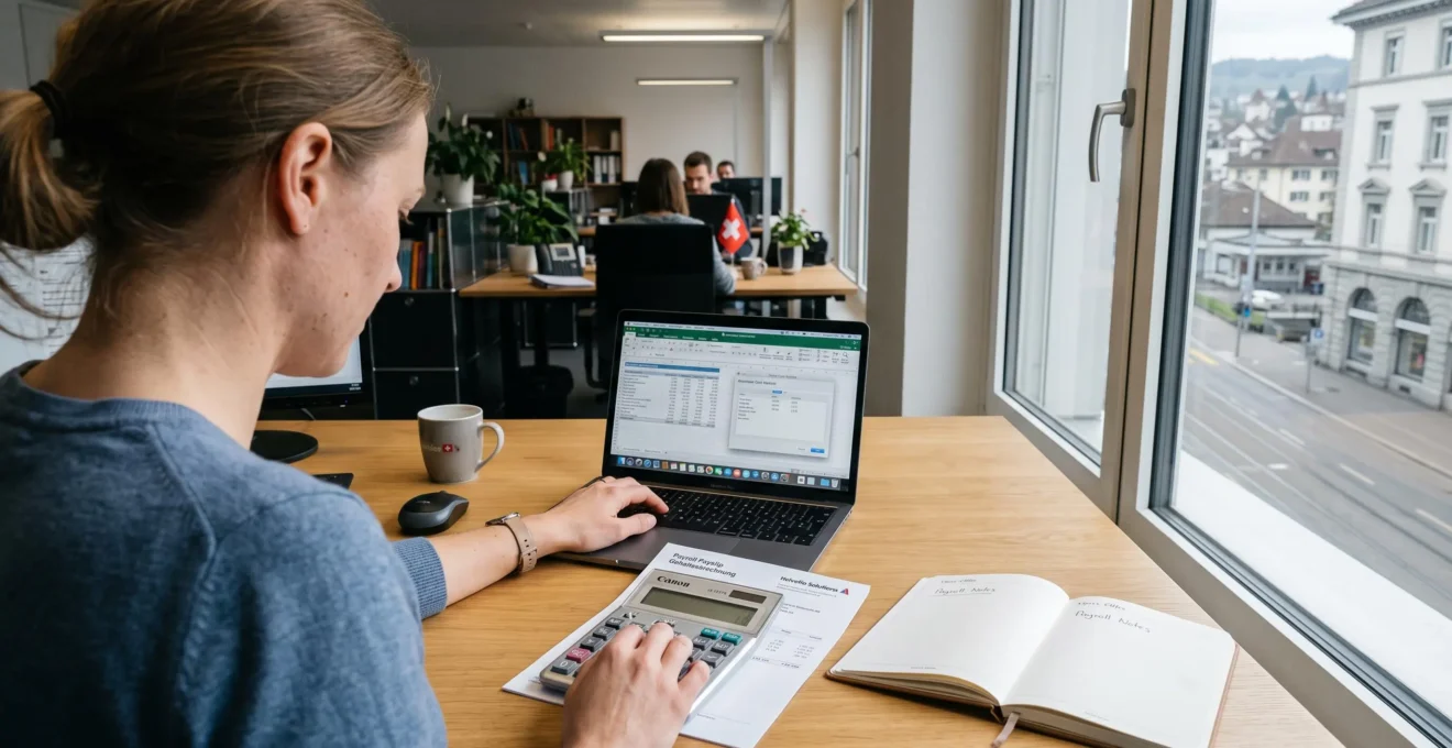 A payroll specialist calculates employee costs at a desk in a Swiss office.