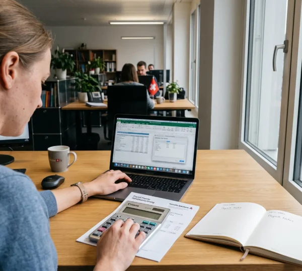 A payroll specialist calculates employee costs at a desk in a Swiss office.